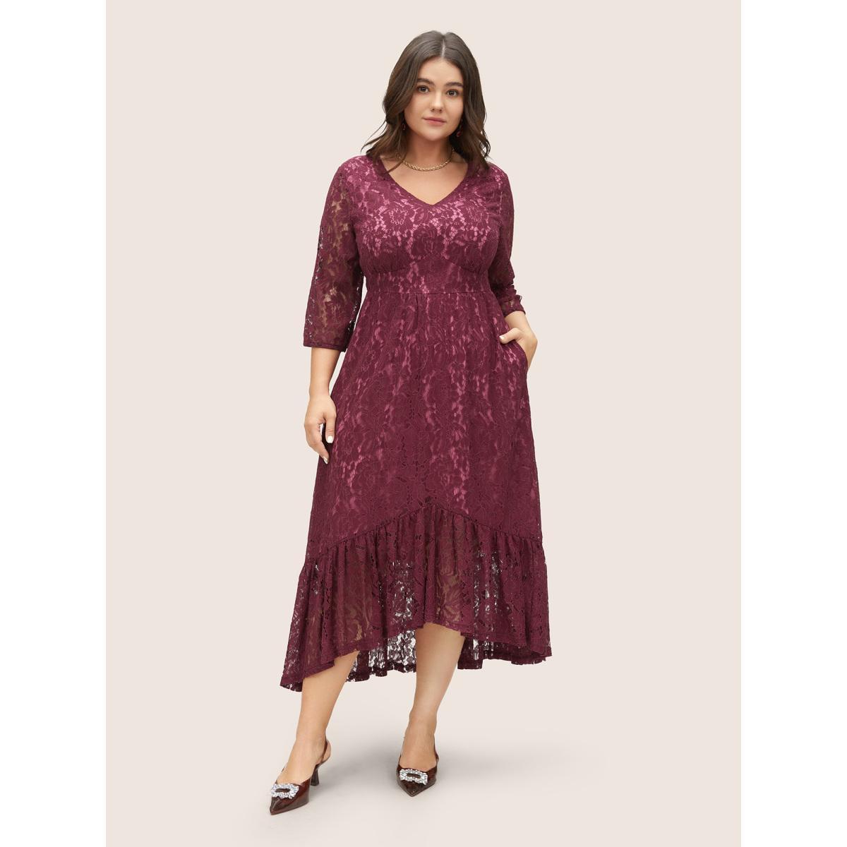 Plus Size Crochet Lace Mesh Gathered Arc Hem Dress Burgundy Women Elegant Non V-neck Elbow-length sleeve Curvy Midi Dress BloomChic 12/L Product Image