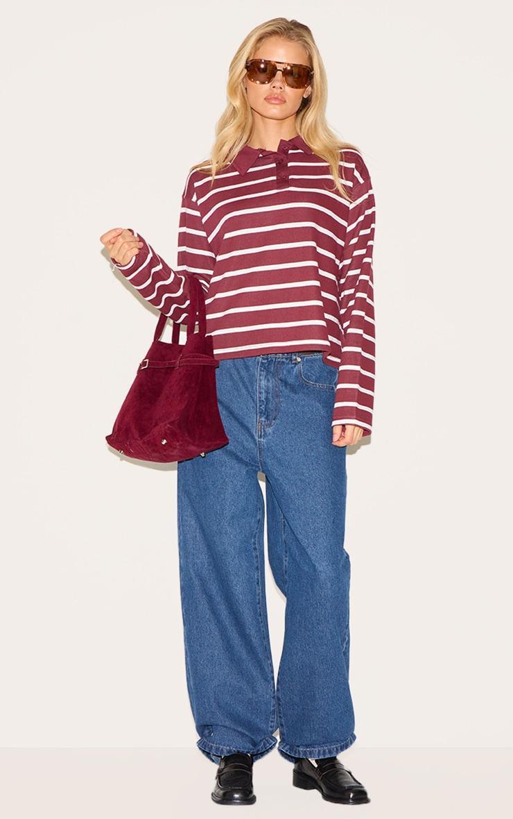 Burgundy Striped Cotton Long Sleeve Collared T Shirt Product Image