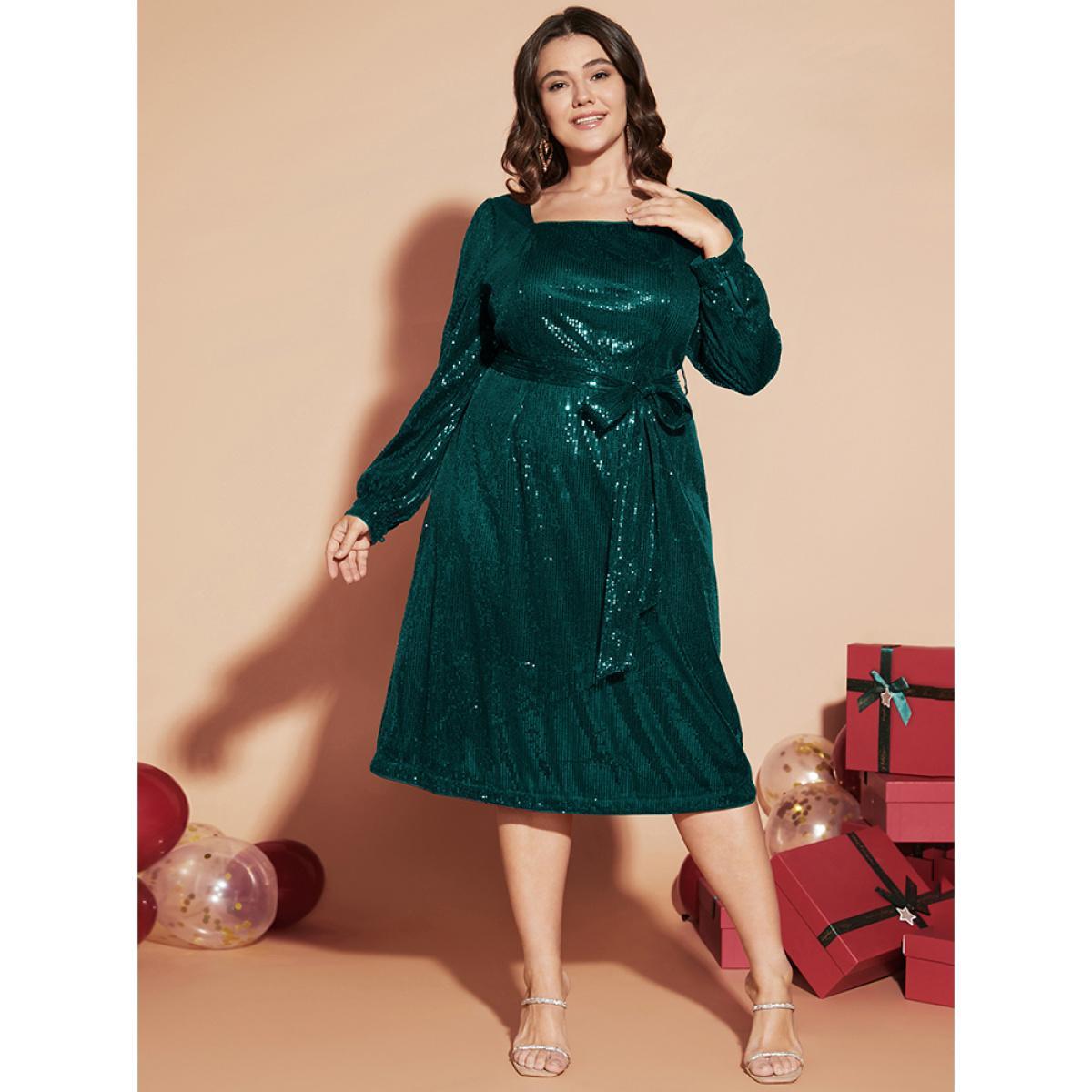 Plus Size Solid Square Neck Lantern Sleeve Belted Sequin Dress DarkGreen Women Party Cross straps Square Neck Long Sleeve Curvy Midi Dress BloomChic 28/5X Product Image