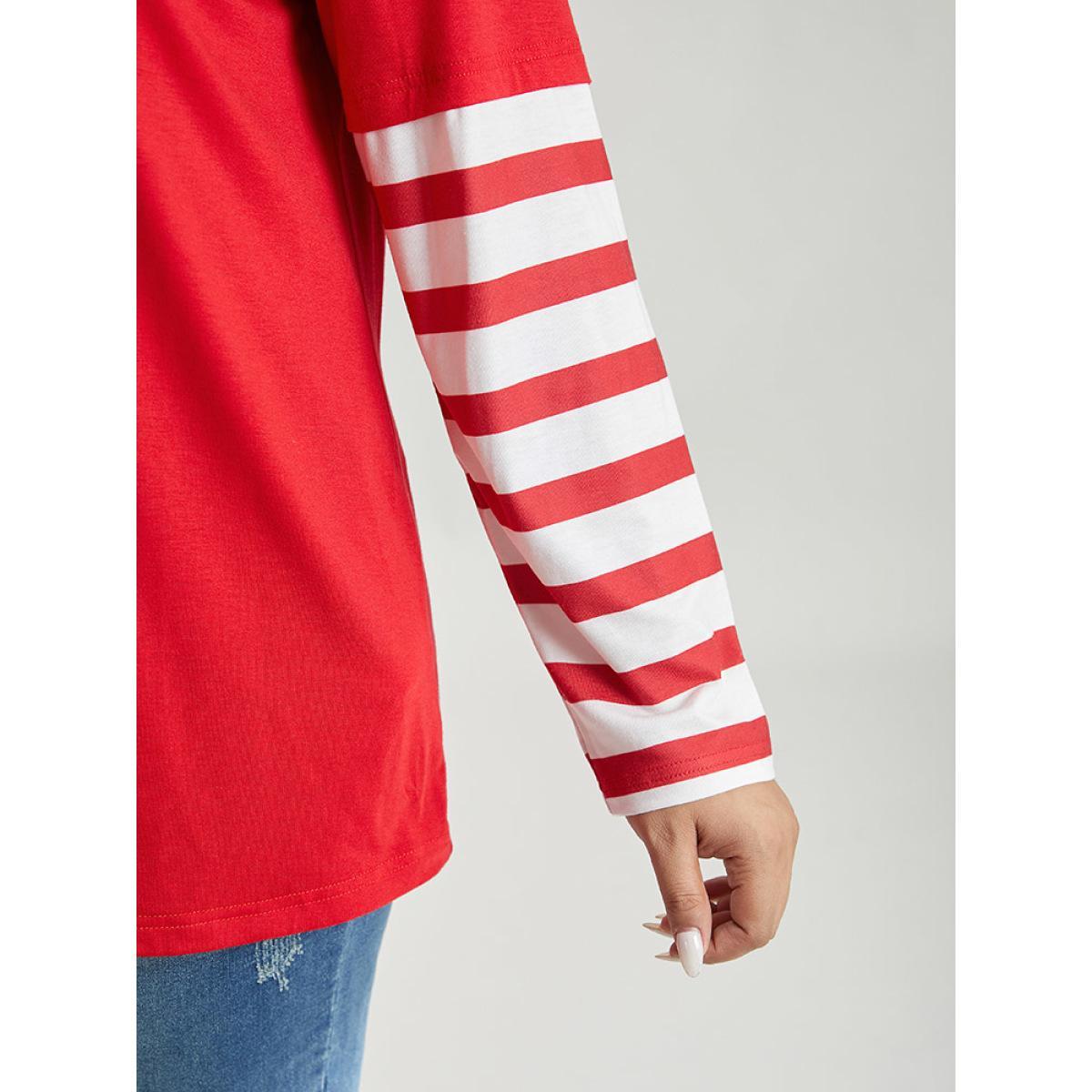 Plus Size Snowflake Striped Patchwork T-shirt Red Women Casual Contrast Christmas Round Neck Festival-Christmas T-shirts BloomChic 18-20/2X Product Image