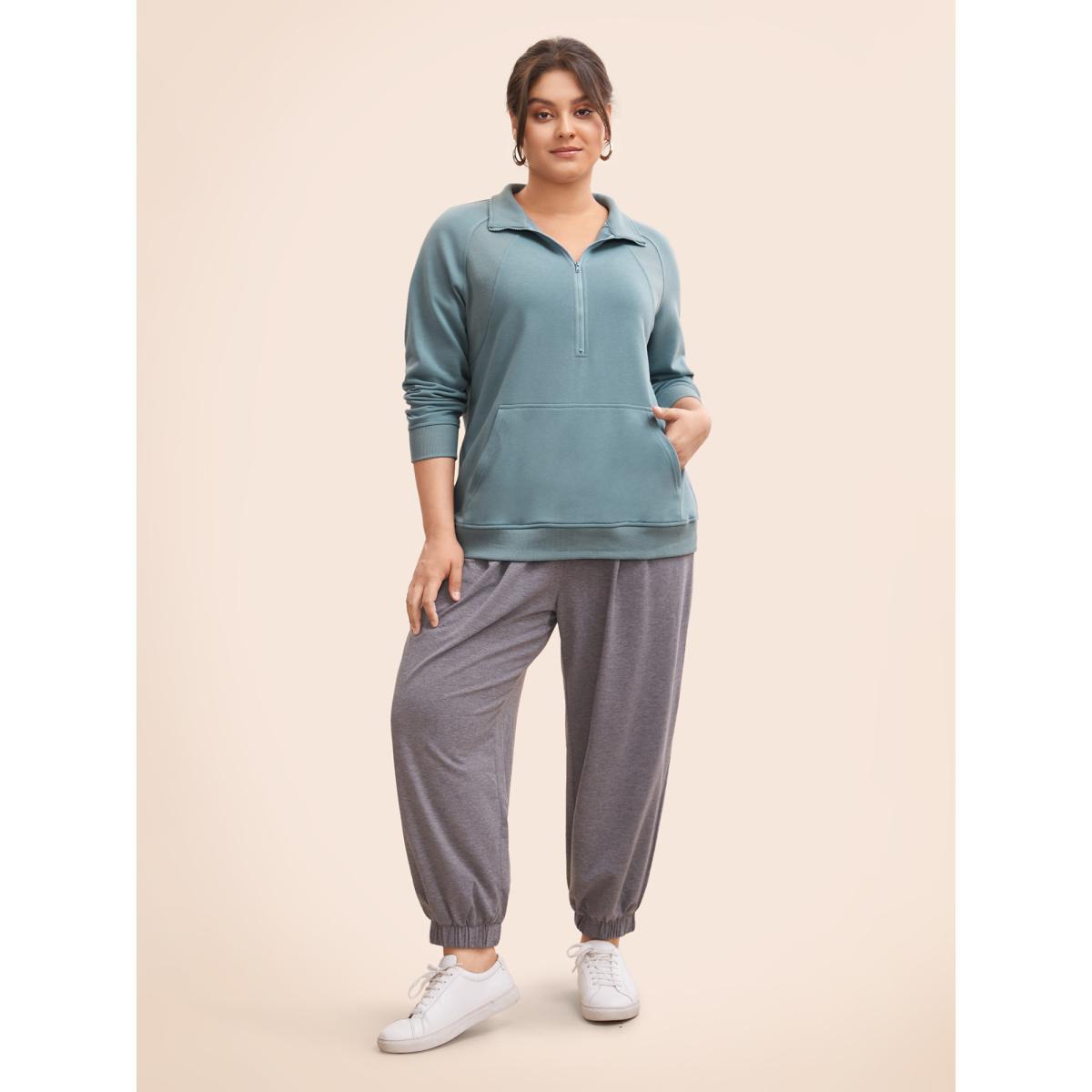 Plus Size Textured Half Zip Patchwork Sweatshirt Women Stone Casual Patchwork Polo Everyday Sweatshirts BloomChic 30/6X Product Image