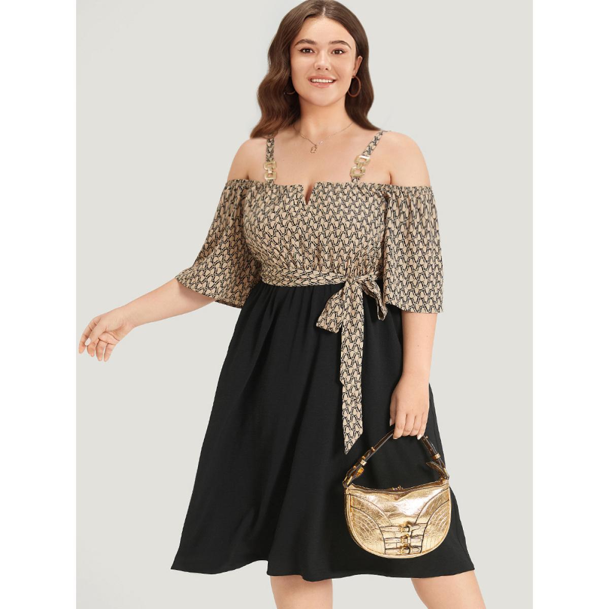 Plus Size Geometric Patchwork Pocket Belted Cold Shoulder Dress Tan Women Office Adjustable Straps Keyhole Cut-Out Half Sleeve Curvy Knee Dress BloomChic 18-20/2X Product Image