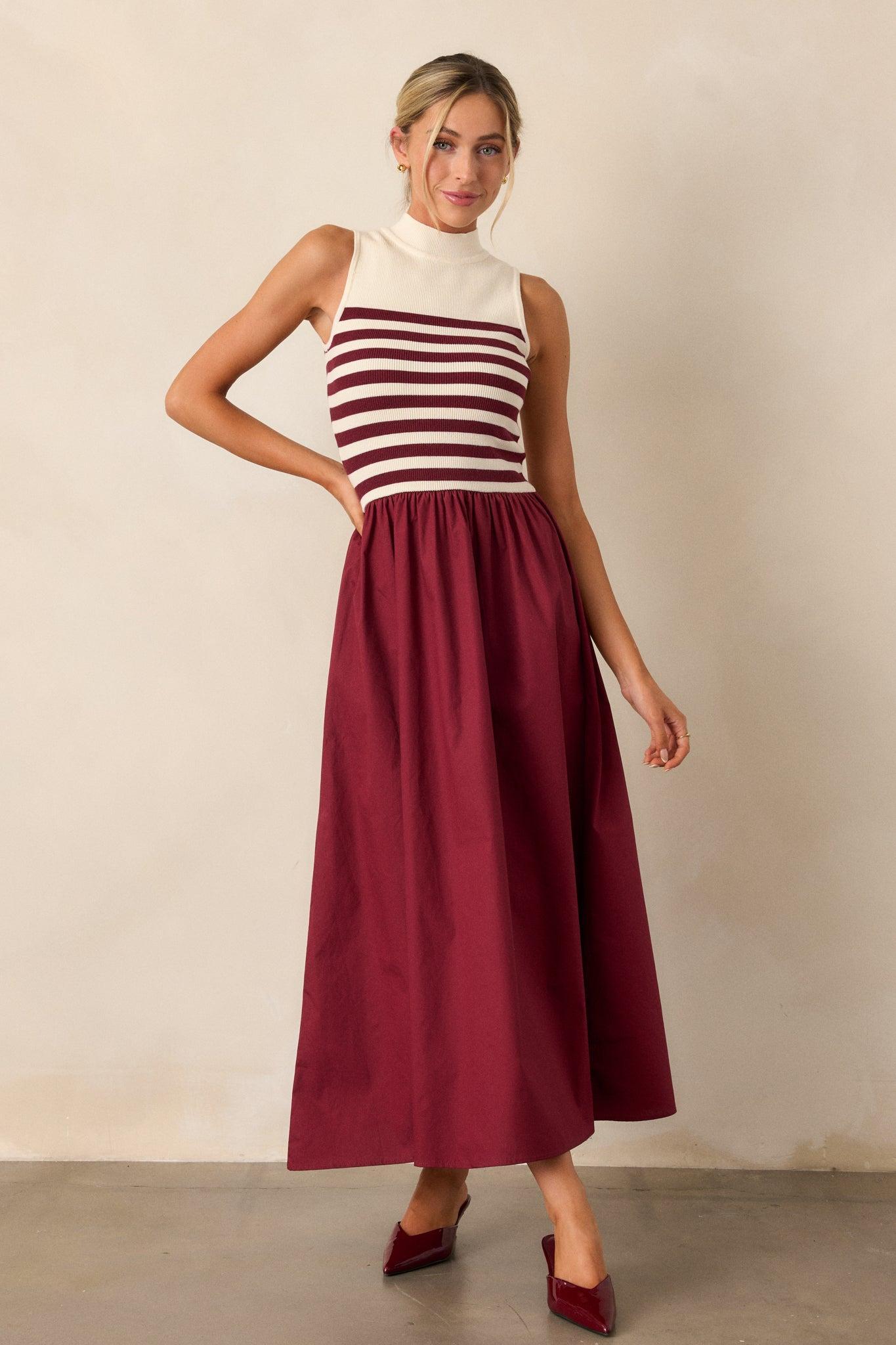 Timeless Treasures Burgundy Sleeveless Striped Maxi Dress Product Image