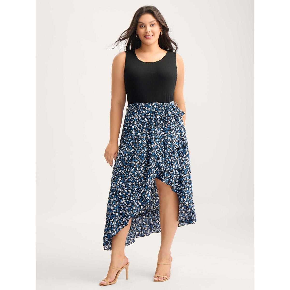 Plus Size Floral Asymmetrical Hem Bow-Tie Midi Dress BlackFlower Women Texture Round Neck Sleeveless Curvy BloomChic 14-16/1X Product Image