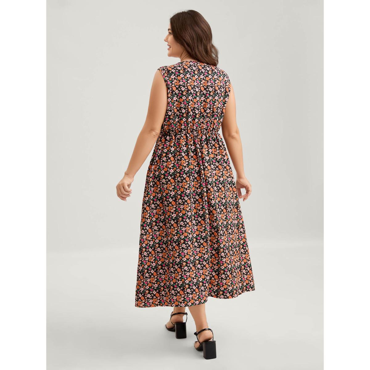 Plus Size Floral Waist Tie Side Pockets Midi Dress Black Women V-neck Sleeveless Curvy BloomChic 22-24/3X Product Image