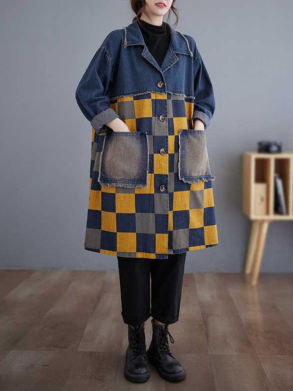 Long Sleeves Loose Buttoned Fringed Plaid Pockets Split-Joint Notched Collar Denim Outerwear Product Image
