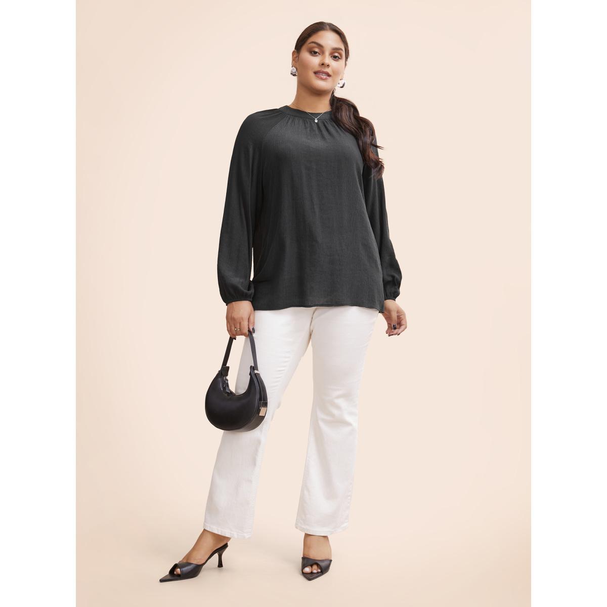 Plus Size Black Textured Ribbon Collar Blouse Women At the Office Long Sleeve Ribbon-tied collar Work Blouses BloomChic 14-16/1X Product Image