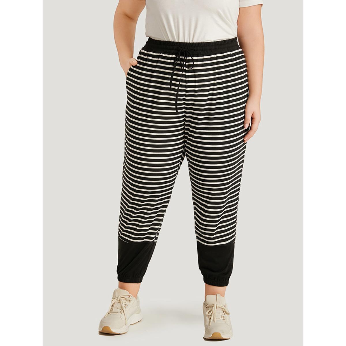 Striped Patchwork Elastic Waist Pocket Ties Sweatpants Black Plus Size Women Casual Dailywear Patchwork 14-16/1X Bloomchic Product Image