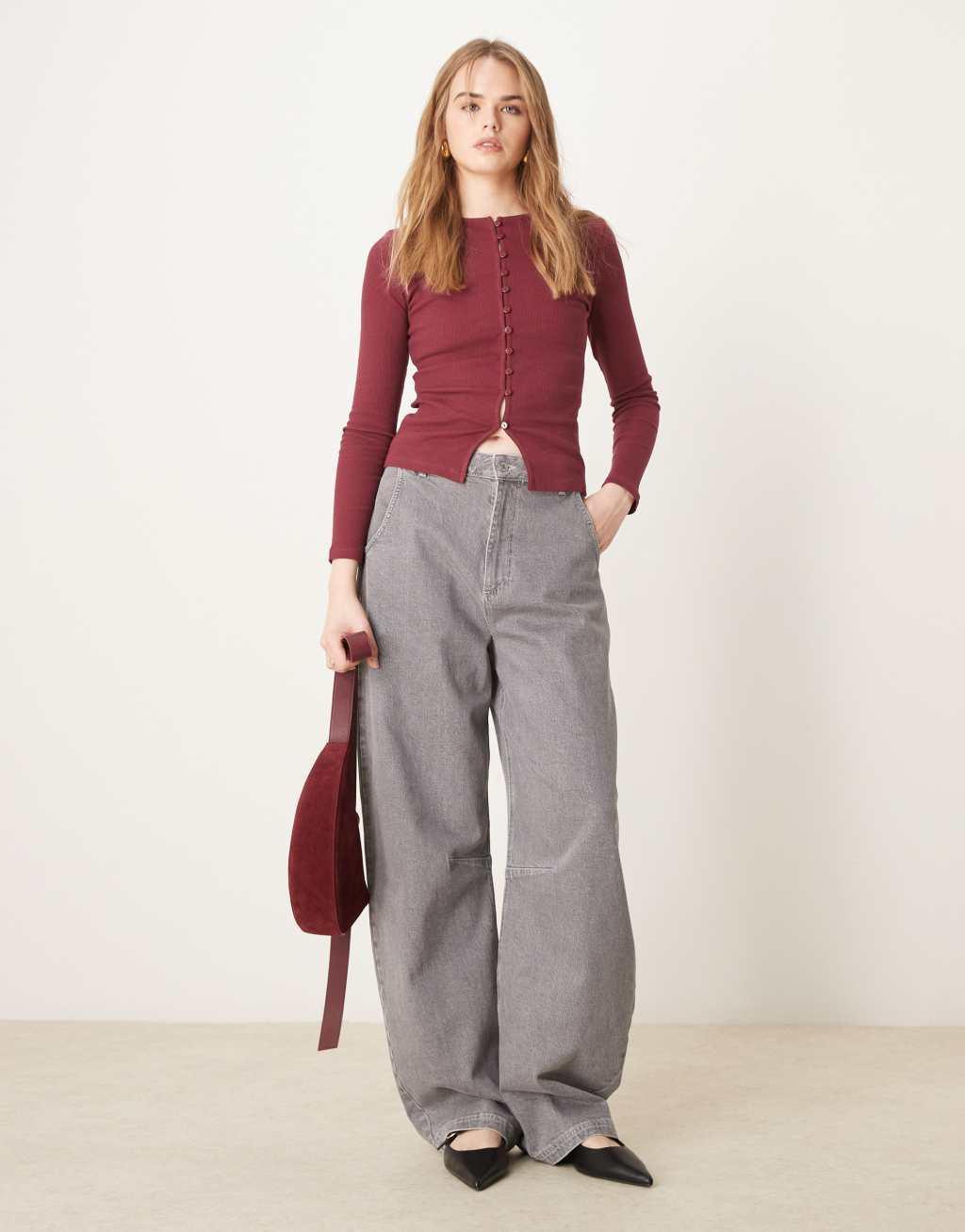 ASOS DESIGN mini rib shrunken cardigan in burgundy Product Image