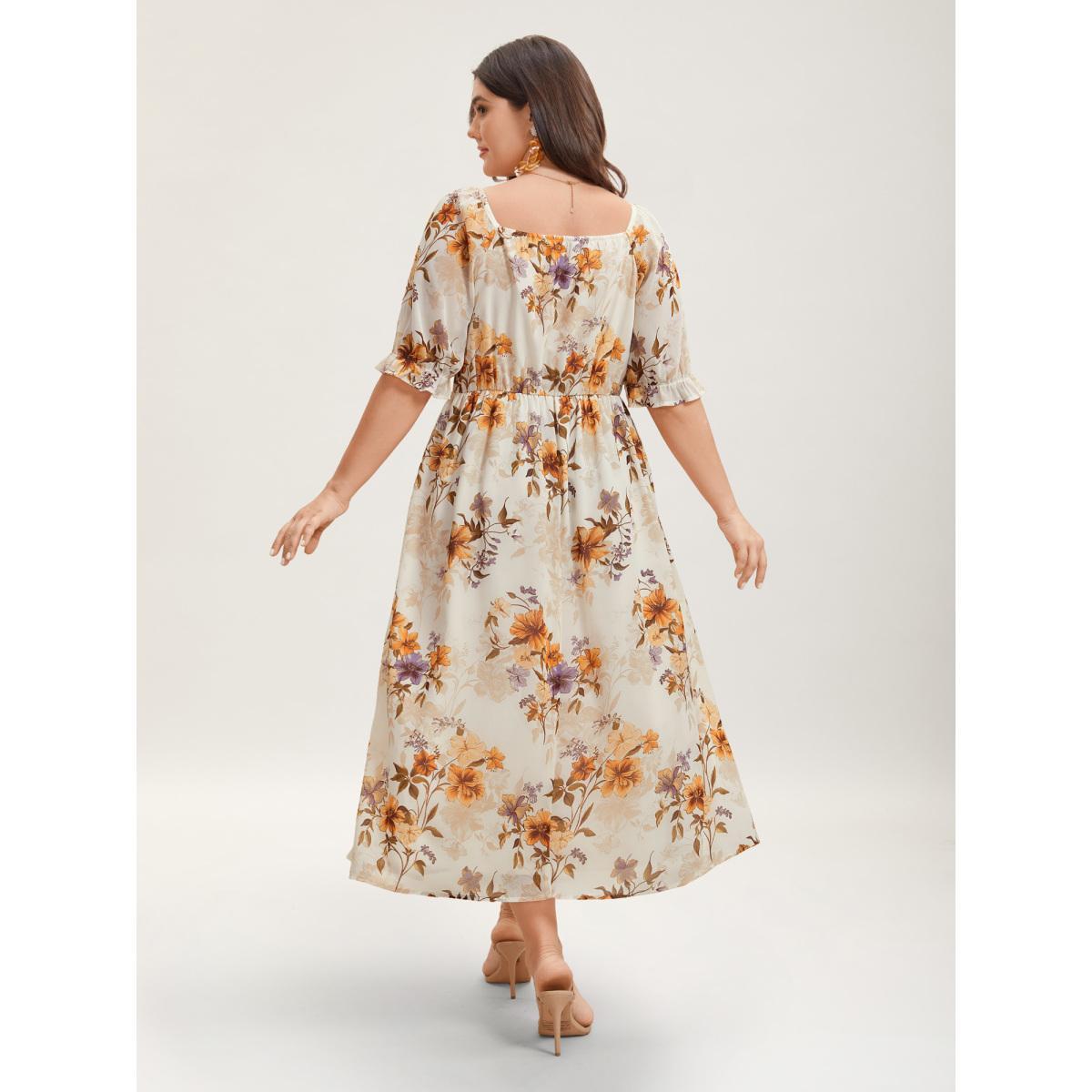 Plus Size Chiffon Floral Waist-Cinched Maxi Dress Beige Women Elegant Gathered Heart neckline Half Sleeve Curvy BloomChic 14-16/1X Product Image