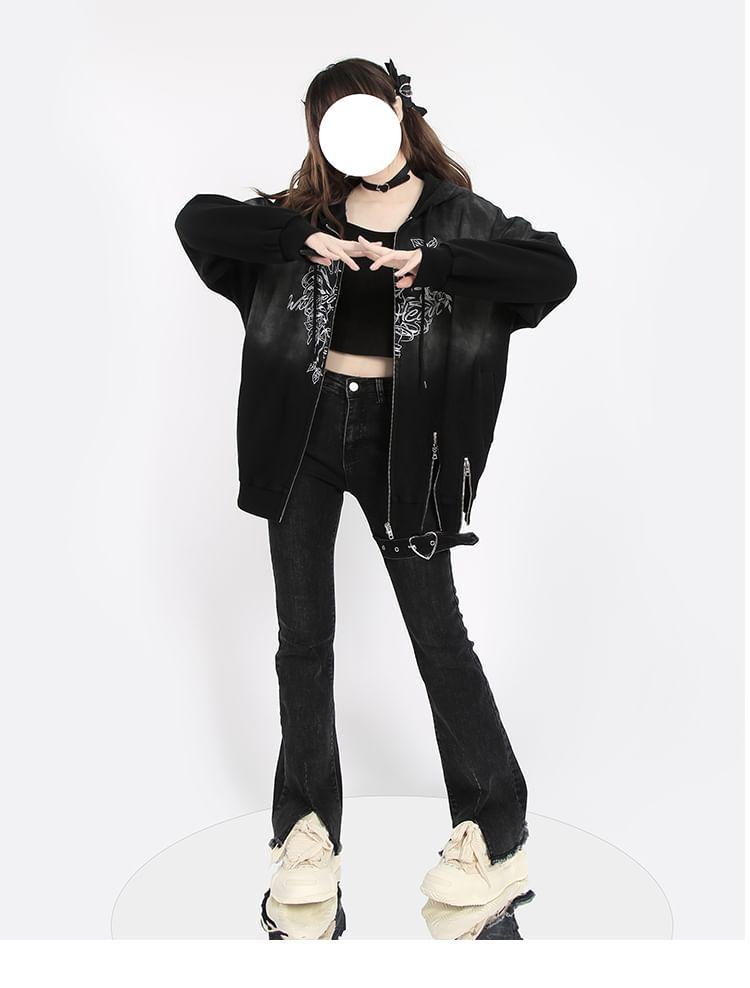 Low Rise Heart Buckled Washed Frayed Slit Flared Jeans Product Image