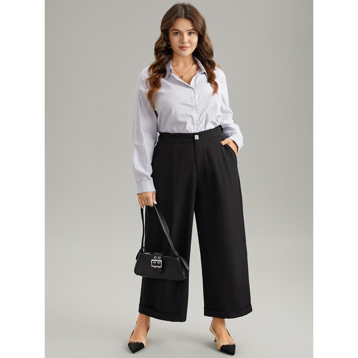 Plus Size Plain Metal Detail Pocket Wide Leg Pants Women Black Office Wide Leg High Rise Work Pants BloomChic 14-16/1X Product Image