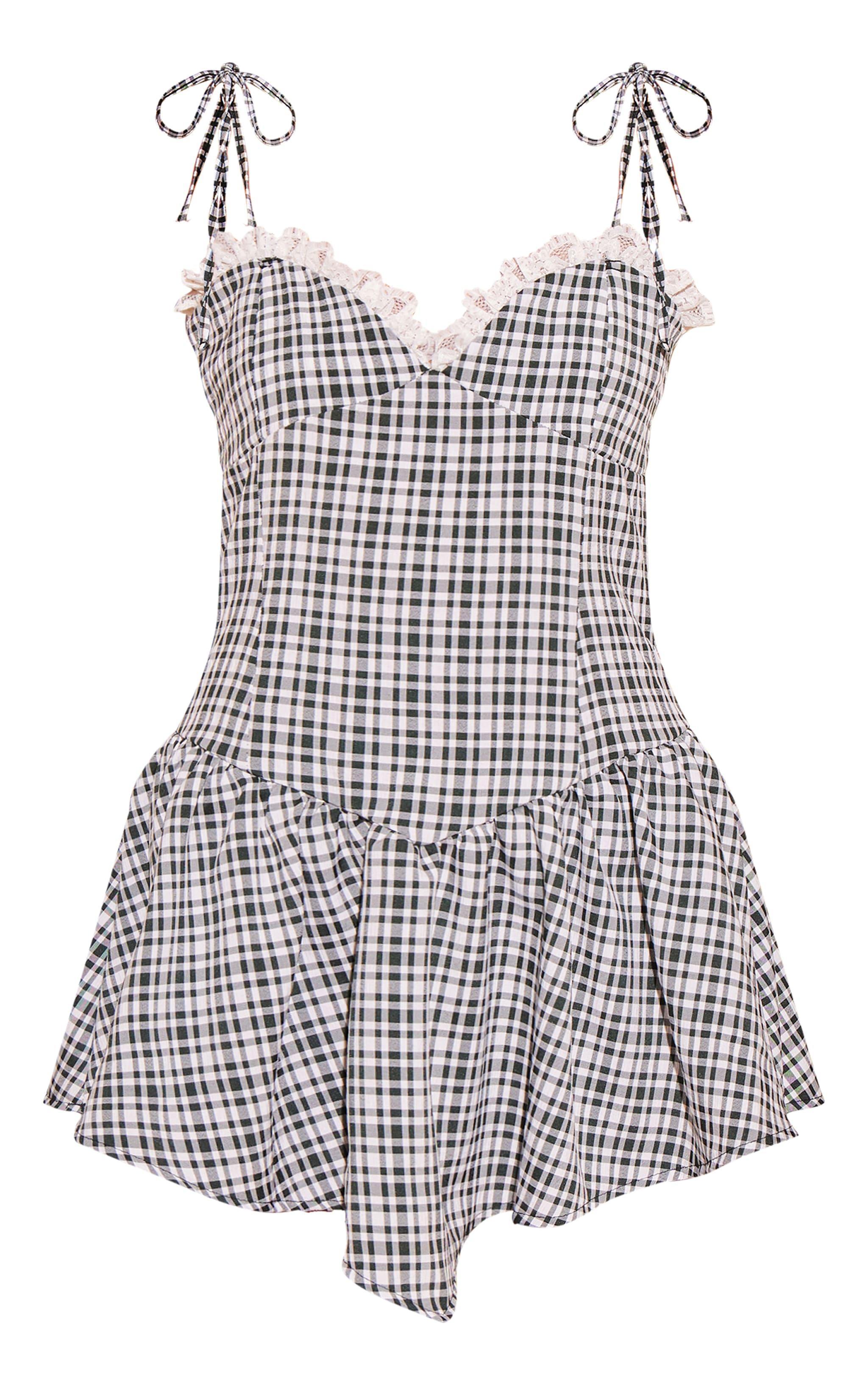 Black Gingham Lace Frill Strappy Shift Dress Product Image