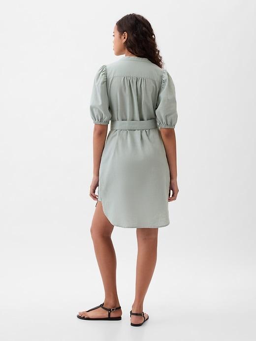 Linen-Cotton Puff-Sleeve Mini Shirtdress Product Image