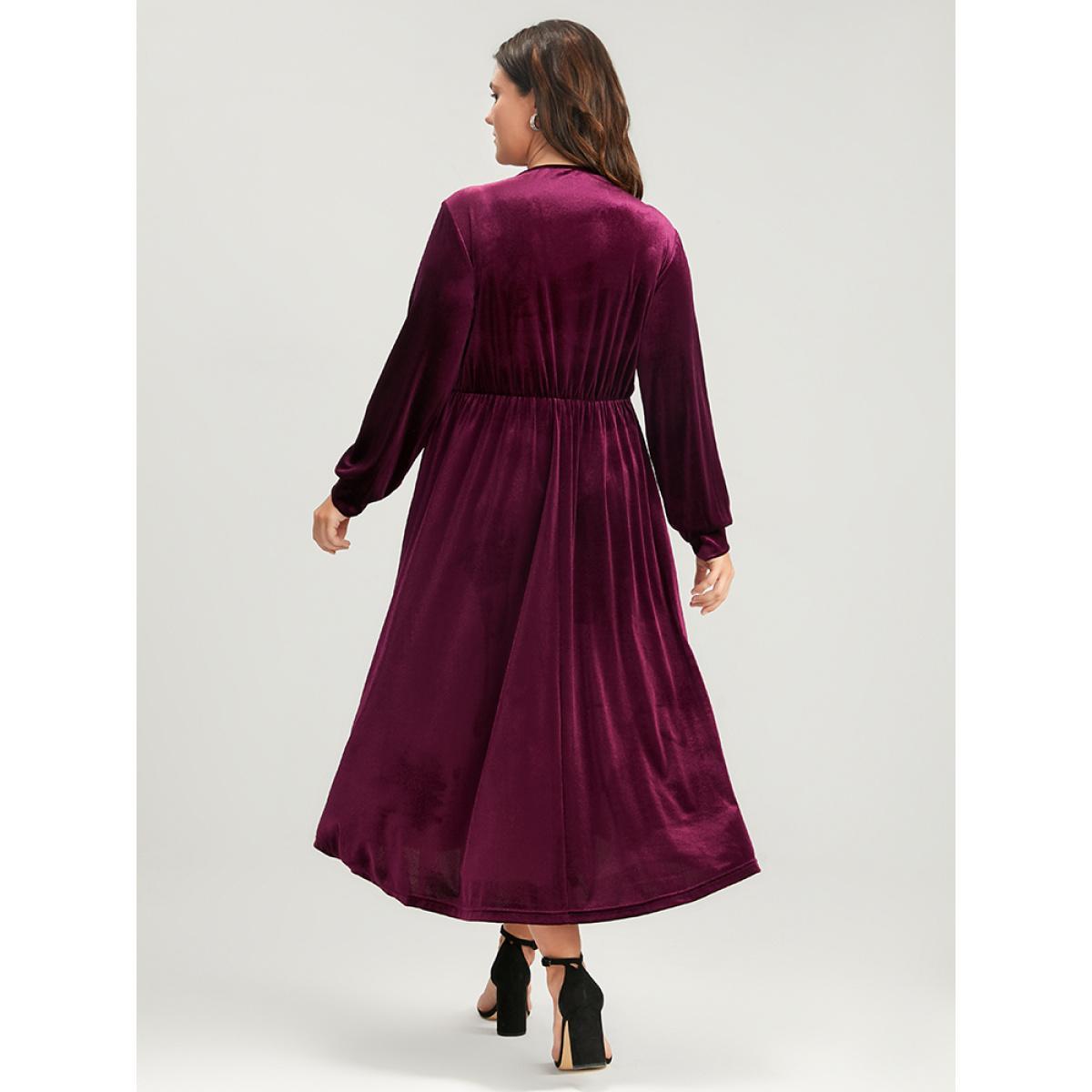Plus Size Solid Lace Pocket Keyhole Tie Neck Velvet Flutter Dress Burgundy Women Party Patchwork V-neck Long Sleeve Curvy Midi Dress BloomChic 18-20/2X Product Image