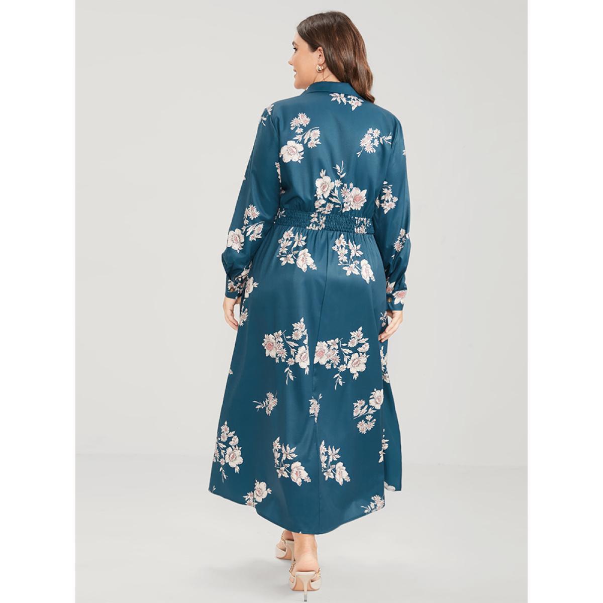 Plus Size Floral Button Up Pocket Split Shirred Shirt Collar Dress Aegean Women Elegant Printed Shirt collar Long Sleeve Curvy Midi Dress BloomChic 28/5X Product Image