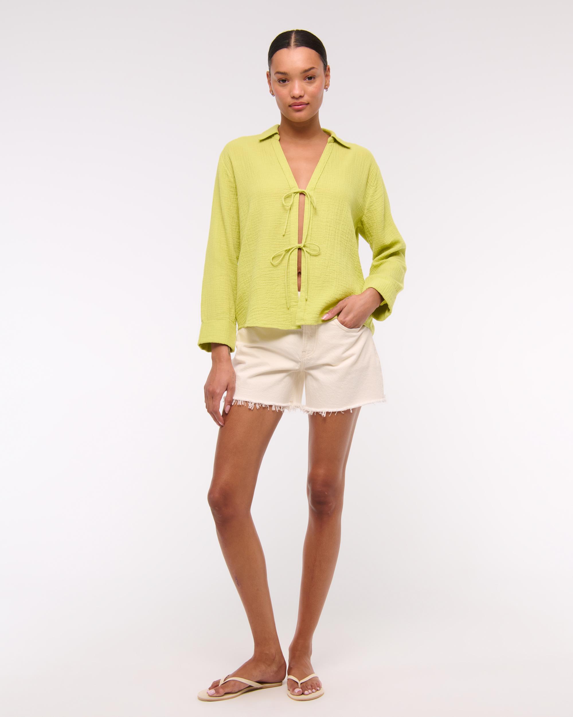 Long-Sleeve Oversized Tie-Front Gauzy Shirt Product Image