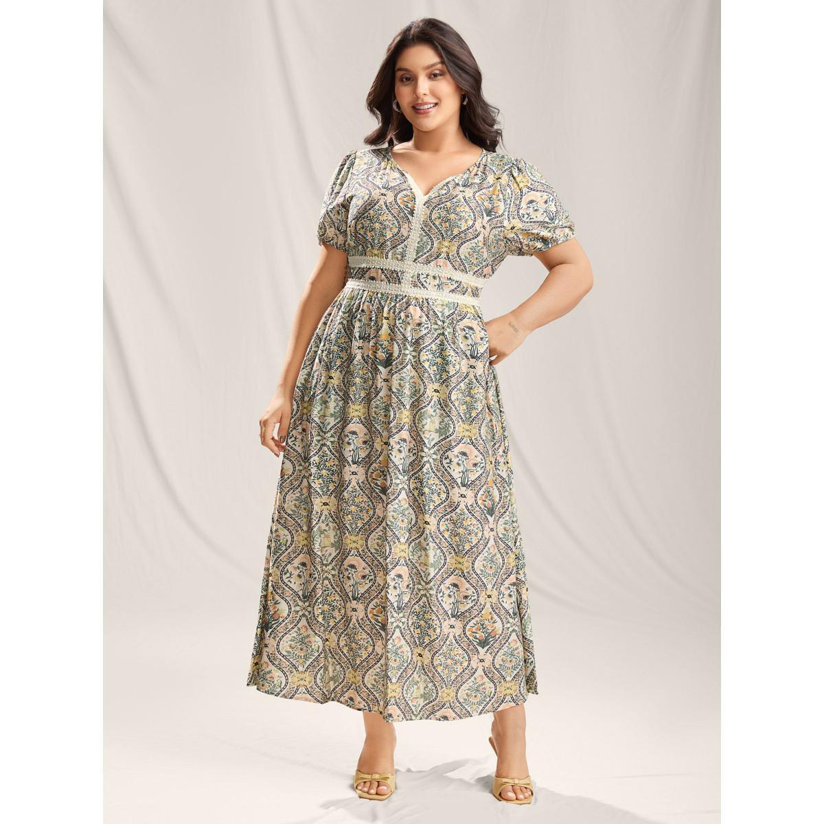 Plus Size Ornate Print Lace Neck Midi Dress Greenbean Women Notched collar Short sleeve Curvy BloomChic 28/5X Product Image