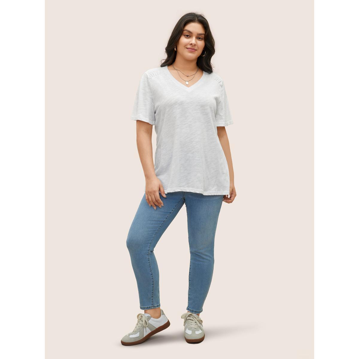 Plus Size Plain Ruffle Sleeve Heather V Neck T-shirt White Women Casual Plain V-neck Everyday T-shirts BloomChic 30/6X Product Image