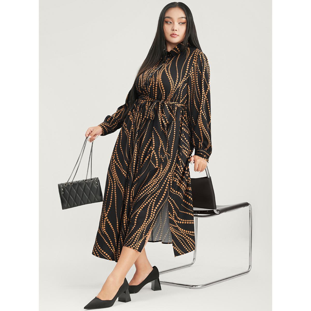 Plus Size Polka Dot Pocket Button Detail Belted Shirt Collar Dress Black Women Office Pocket Shirt collar Long Sleeve Curvy Midi Dress BloomChic 18-20/2X Product Image