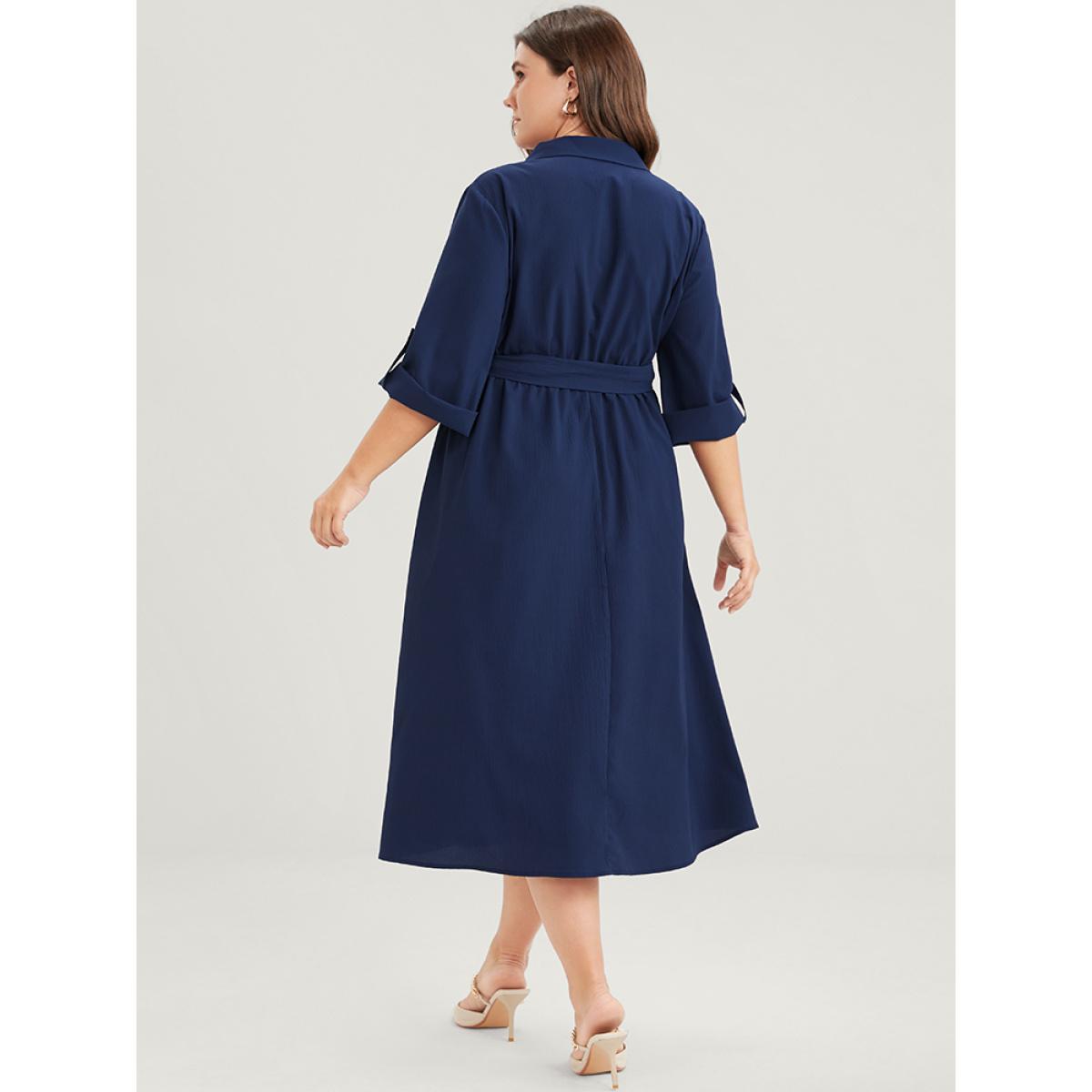 Plus Size Plain Button Cuffed Sleeve Pocket Belted Lapel Collar Dress DarkBlue Women Office Belted Lapel Collar Elbow-length sleeve Curvy Midi Dress BloomChic 12/L Product Image