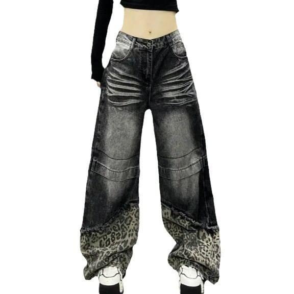 High Waist Leopard Print Wide Leg Jeans Product Image