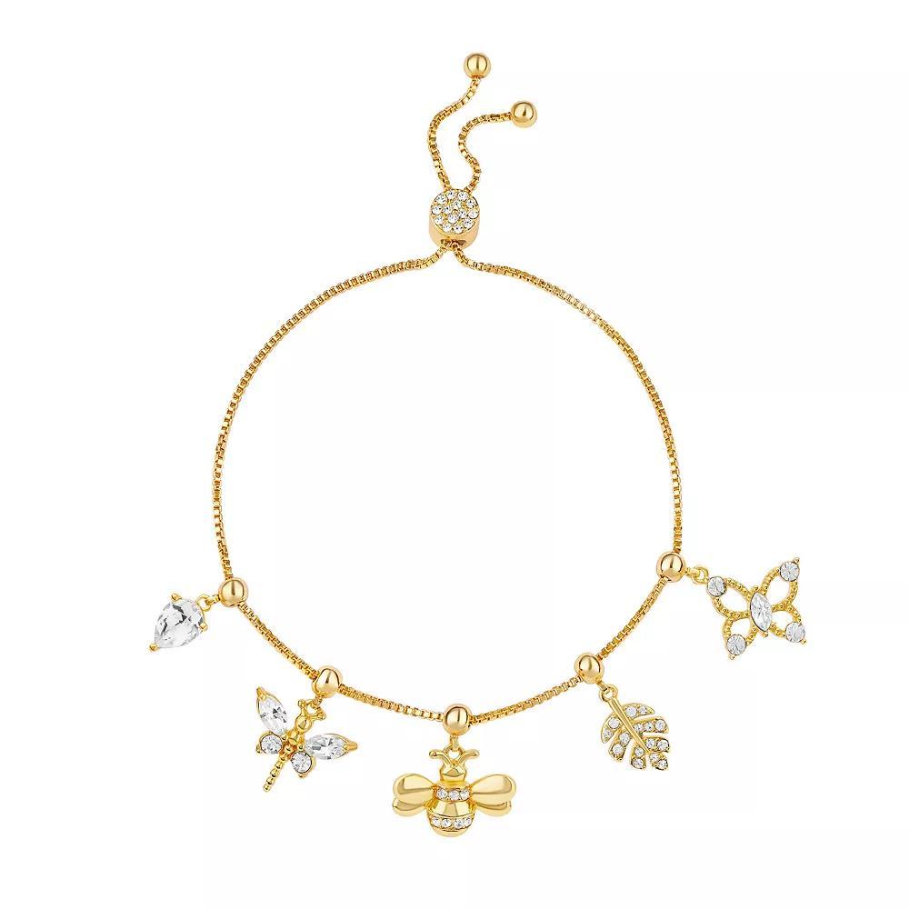 Brilliance 18k Gold Plated Crystal Dragonfly, Bee, Leaf & Butterfly Adjustable Charm Bracelet, Women's, Size: 7/8", Gold Tone Product Image
