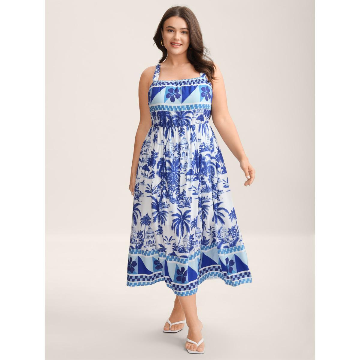 Plus Size Garden Print Stretchy Waist Pockets Midi Dress Skyblue Women Halter neck Sleeveless Curvy BloomChic 22-24/3X Product Image