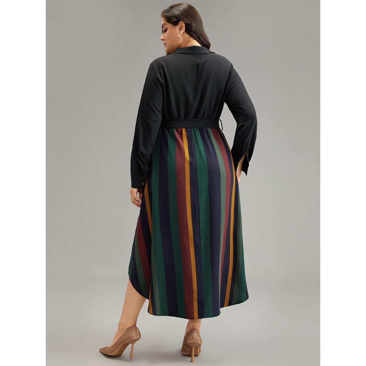 Plus Size Colour Striped Patchwork Belted Button Through Dress Indigo Women Office Belted Shirt collar Long Sleeve Curvy Midi Dress BloomChic 30/6X Product Image