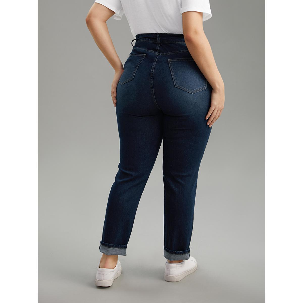 Plus Size Cutoff Roll Hem Full Length Jeans Women DarkBlue Casual Plain Plain High stretch Pocket Jeans BloomChic 16/1X Product Image