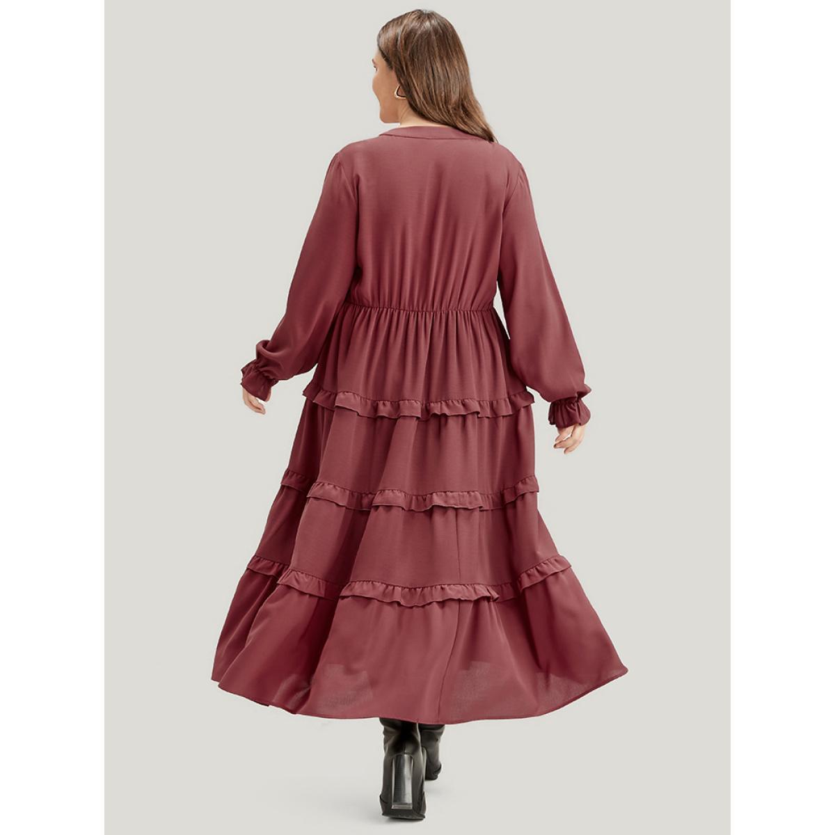 Plus Size Solid Lantern Sleeve Pocket Ruffle Hem Dress Russet Women Elegant V-neck Long Sleeve Curvy Long Dress BloomChic 22-24/3X Product Image