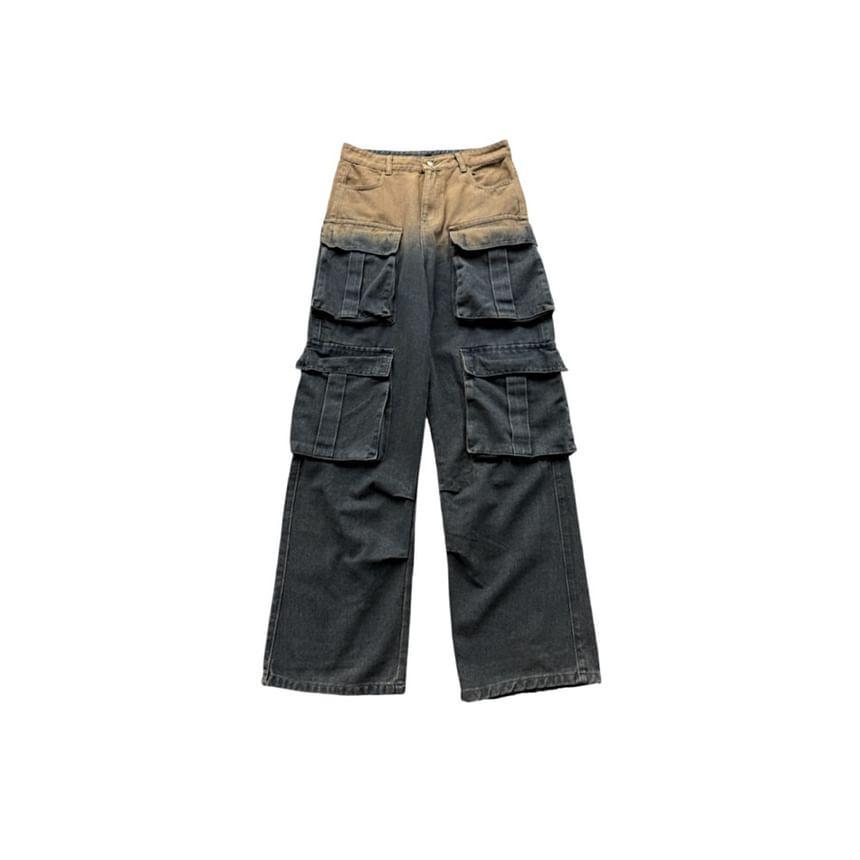 Mid Waist Gradient Washed Wide Leg Cargo Jeans Product Image