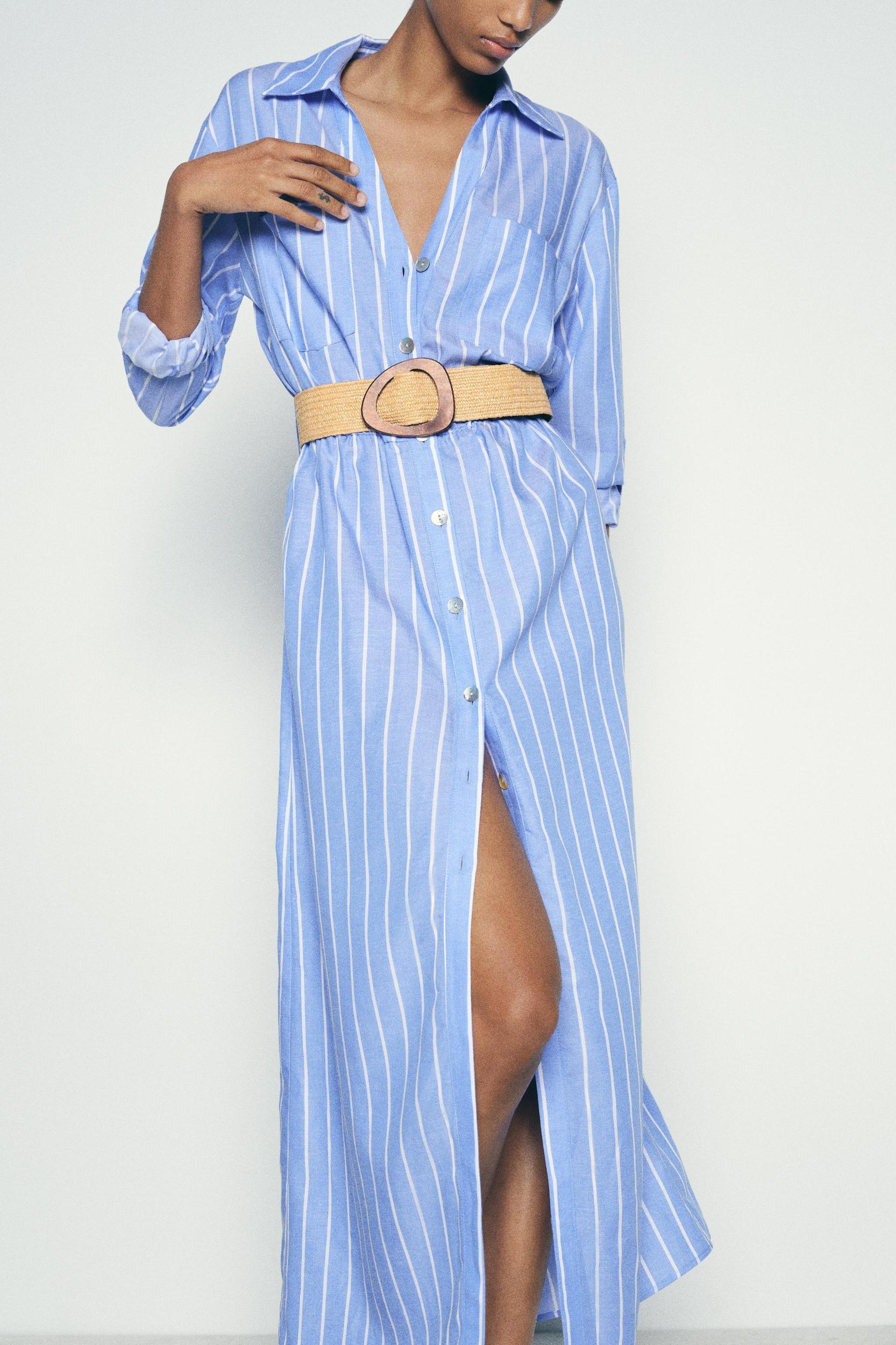 STRIPED BELTED SHIRT DRESS Product Image