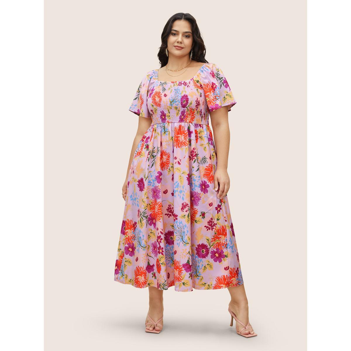 Plus Size Floral Shirred Square Neck Pocket Midi Dress Lilac Women Elegant Non Square Neck Short sleeve Curvy Midi Dress BloomChic 14-16/1X Product Image