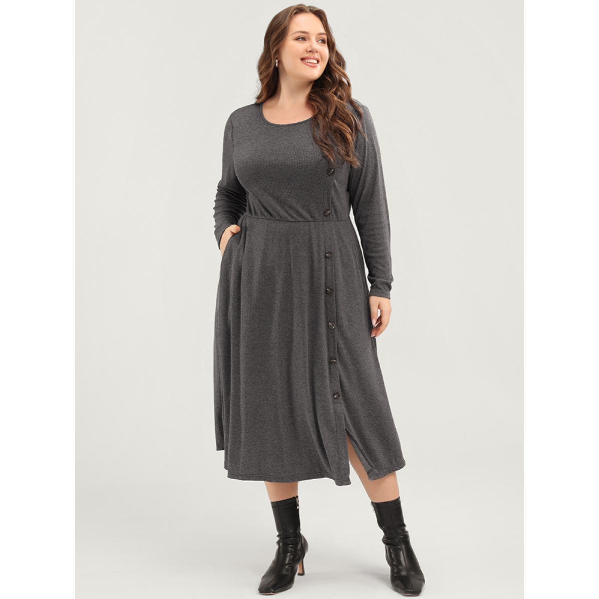 Plus Size Solid Round Neck Pocket Button Detail Ruffle Hem Dress Gray Women Elegant Button Round Neck Long Sleeve Curvy Midi Dress BloomChic 26/4X Product Image