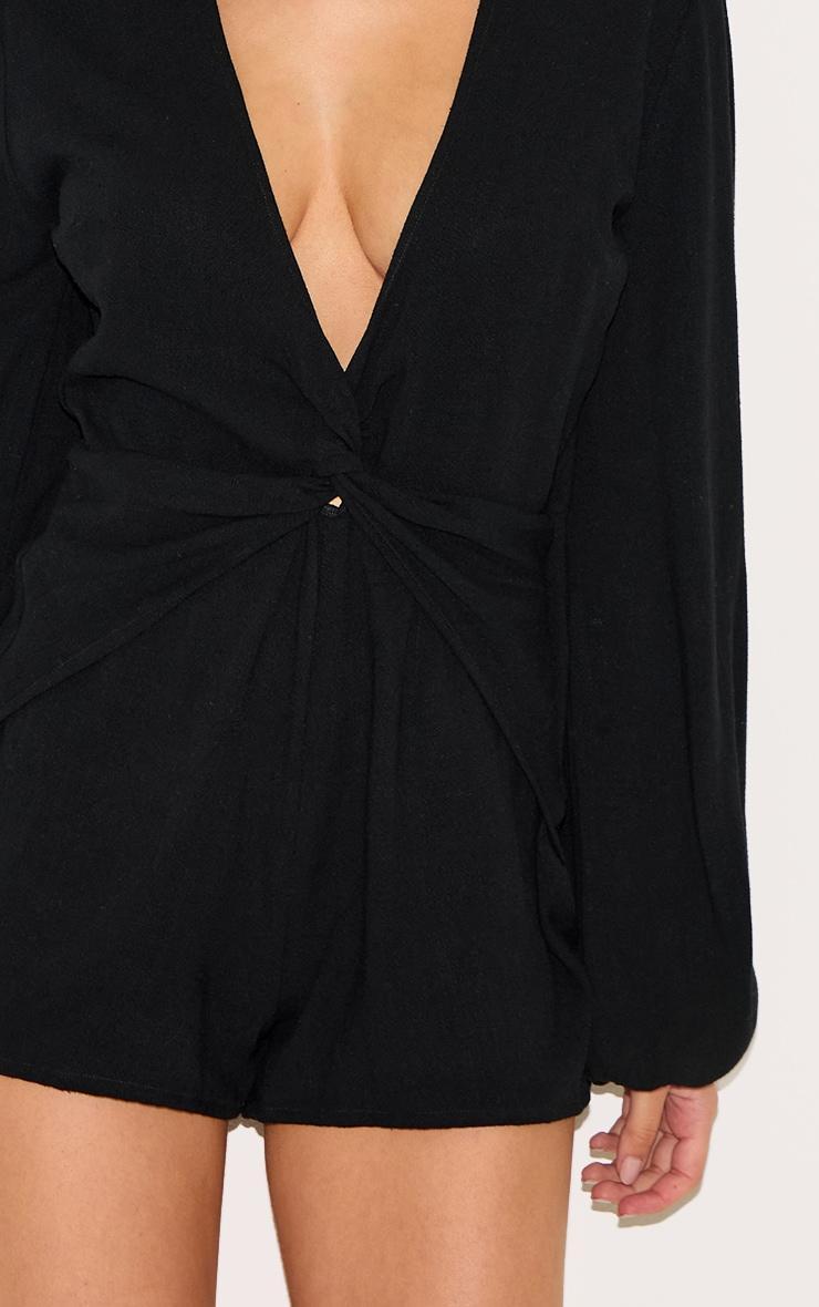 Black Long Sleeve Plunge Twist Detail Romper Product Image