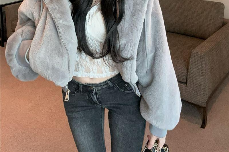 Plain Fluffy Zip-Up Crop Hoodie Product Image