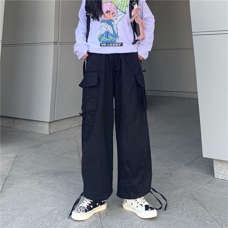 Drawstring Waist Plain Wide Leg Cargo Pants Product Image