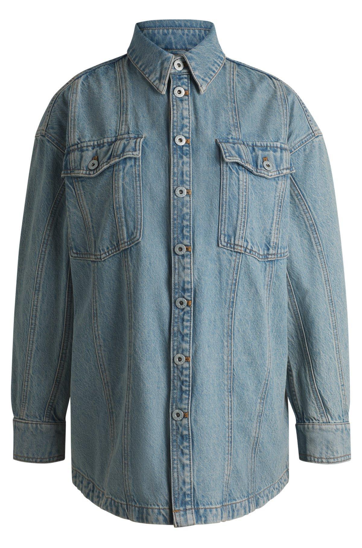 HUGO - Long-length blue-denim shirt with patch pockets - Blue Product Image