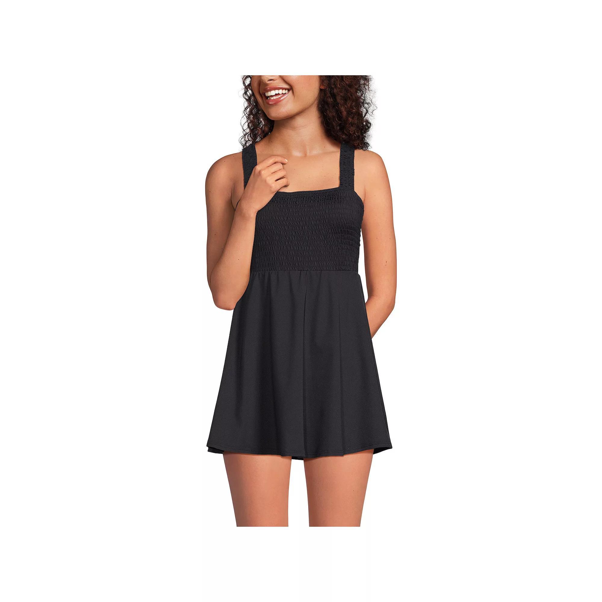 Women's Lands' End Smocked Squareneck Swim Dress, Size: 18, Black Product Image