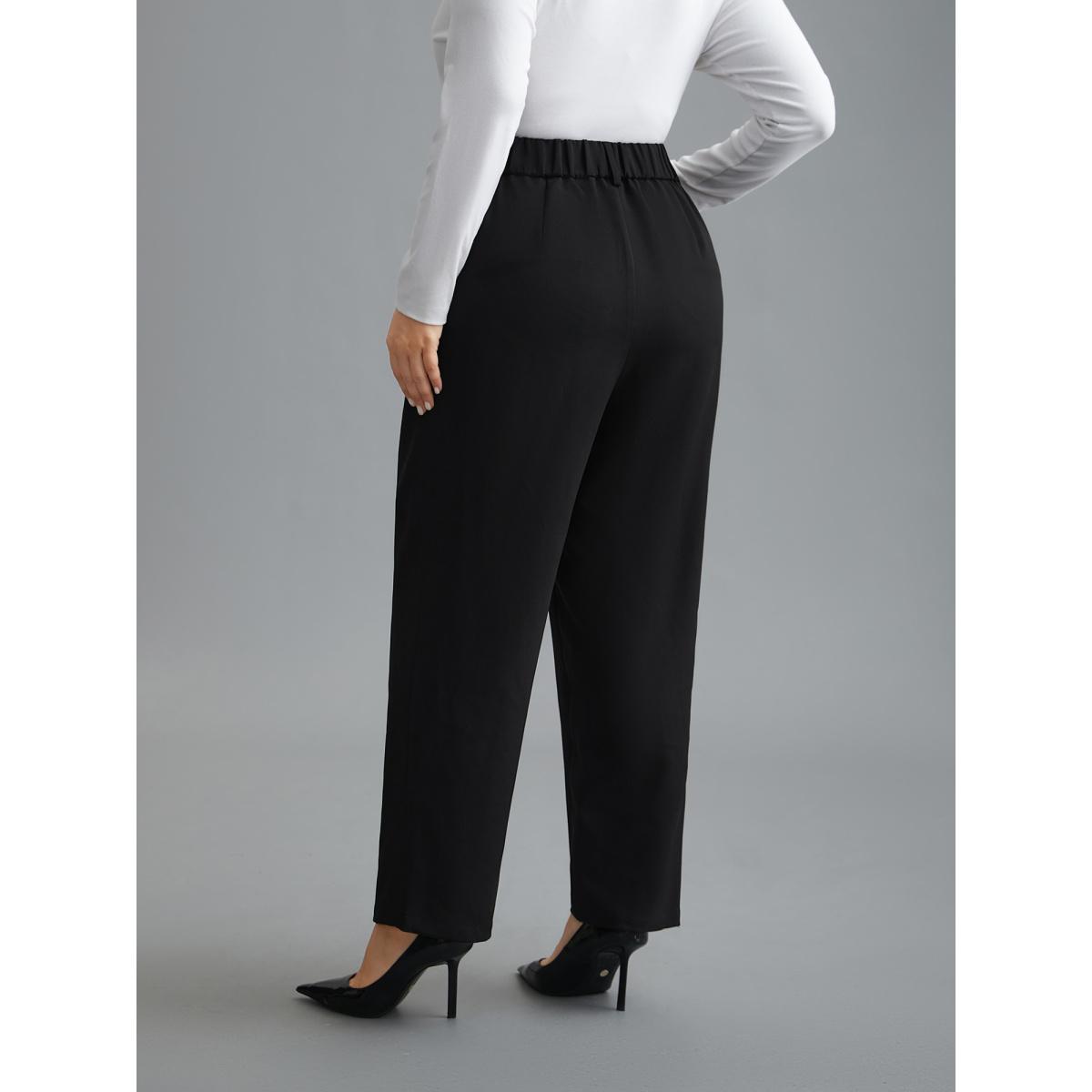 Plus Size Double Buckle Straight Leg Pants Women Black At the Office Straight Leg Mid Rise Work Pants BloomChic 14-16/1X Product Image