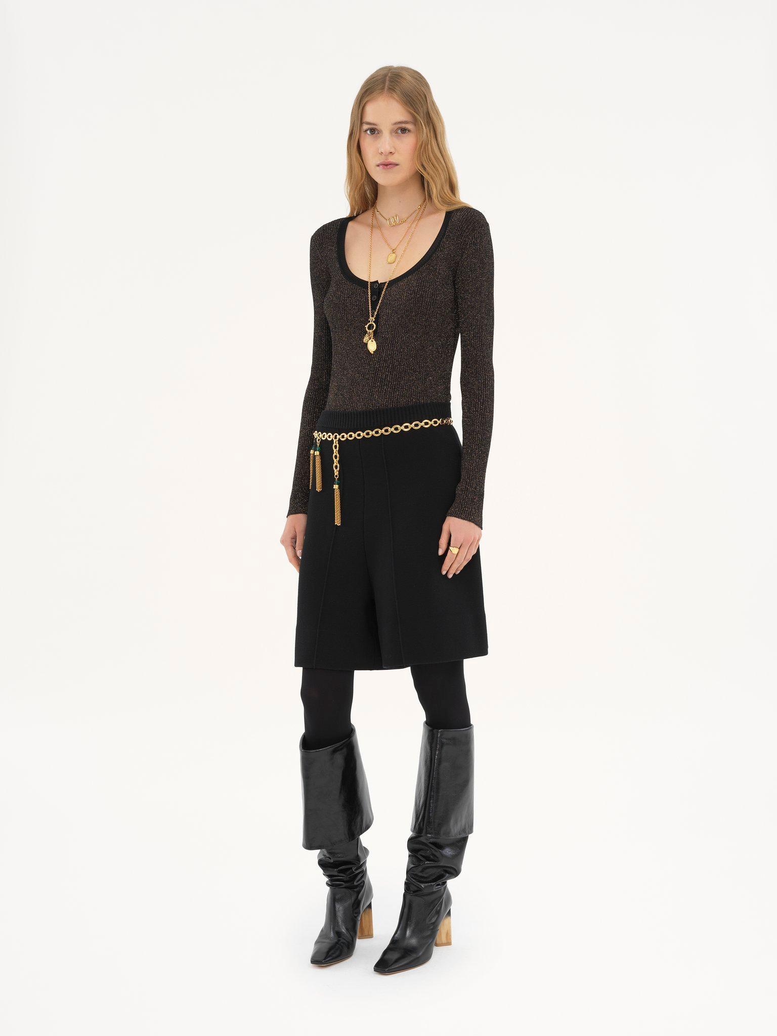 Long-sleeve fitted top in lurex wool knit Product Image