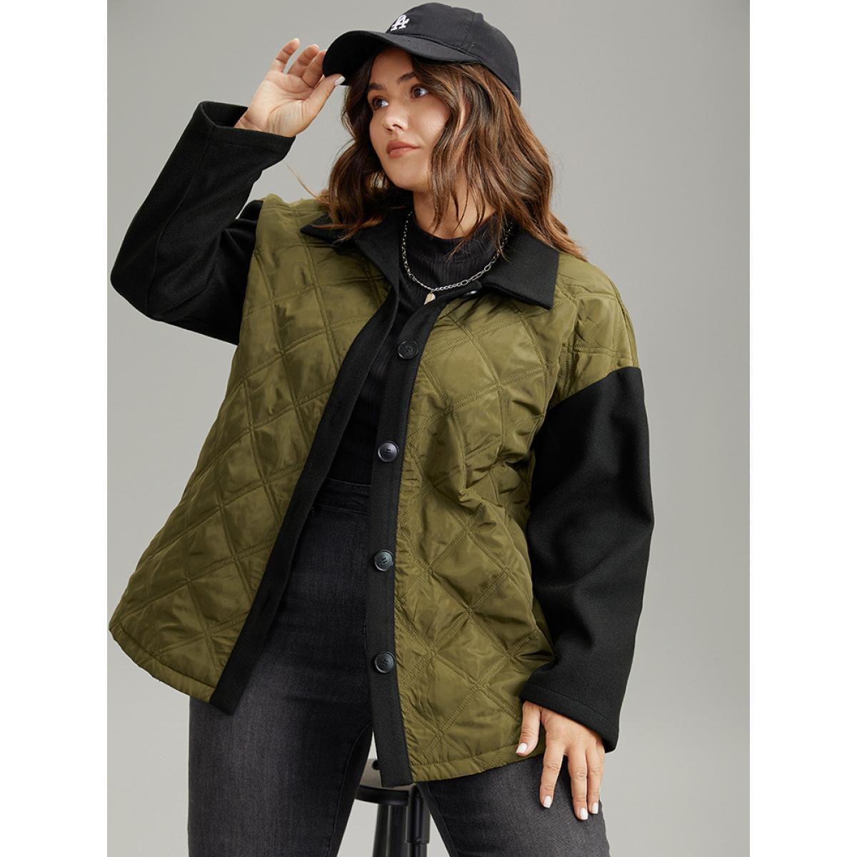 Plus Size Contrast Patchwork Quilted Button Up Jacket Women ArmyGreen Casual Texture Ladies Dailywear Winter Coats BloomChic 30/6X Product Image