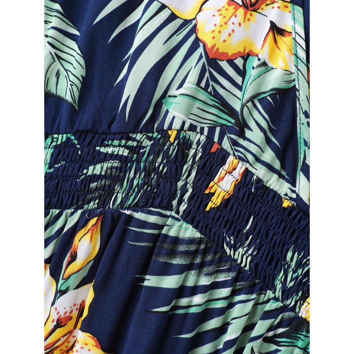 Plus Size Tropical Floral Print Shirred Waist Midi Dress DarkBlue Women Overlap Collar Short sleeve Curvy BloomChic 22-24/3X Product Image