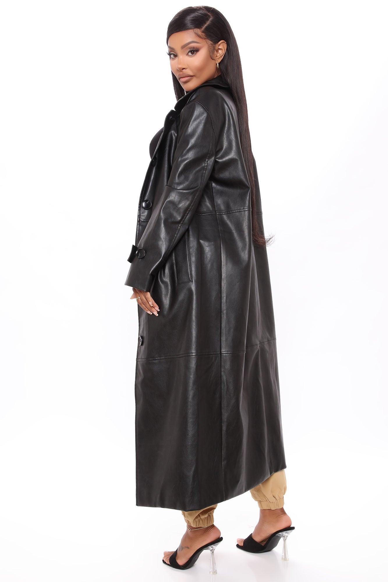 Gimme A Clue Faux Leather Trench Coat - Black Product Image