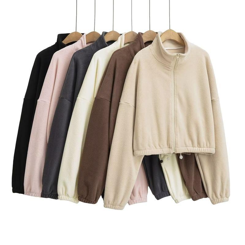 Stand Collar Plain Zip Up Fleece Jacket Product Image