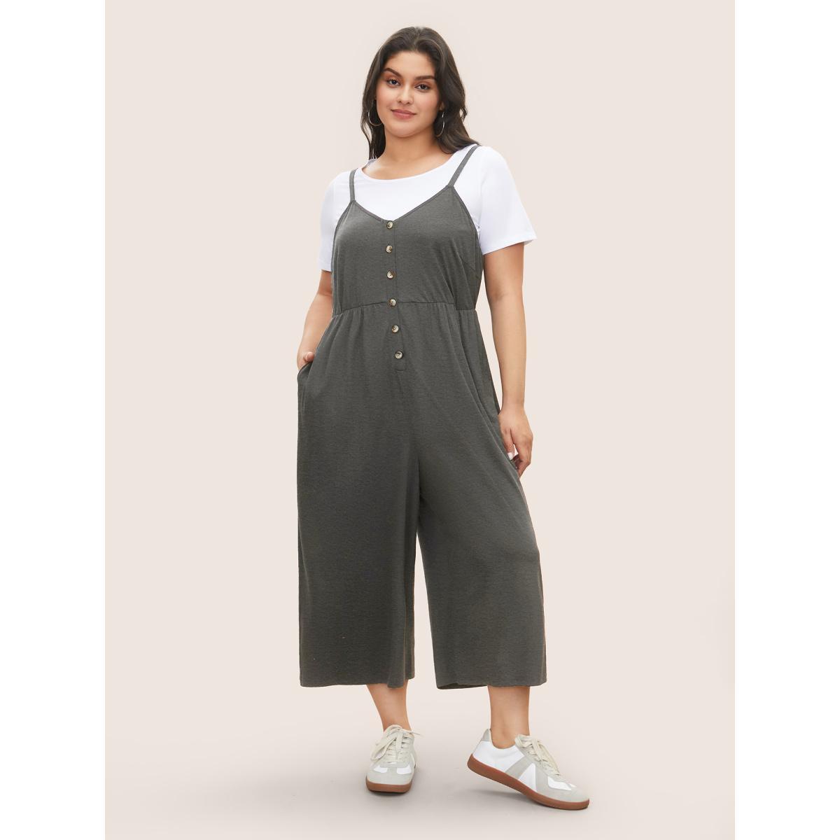 Plus Size DarkGray Solid Button Detail Gathered Jumpsuit Women Casual Sleeveless Non Everyday Loose Jumpsuits BloomChic 28/5X Product Image