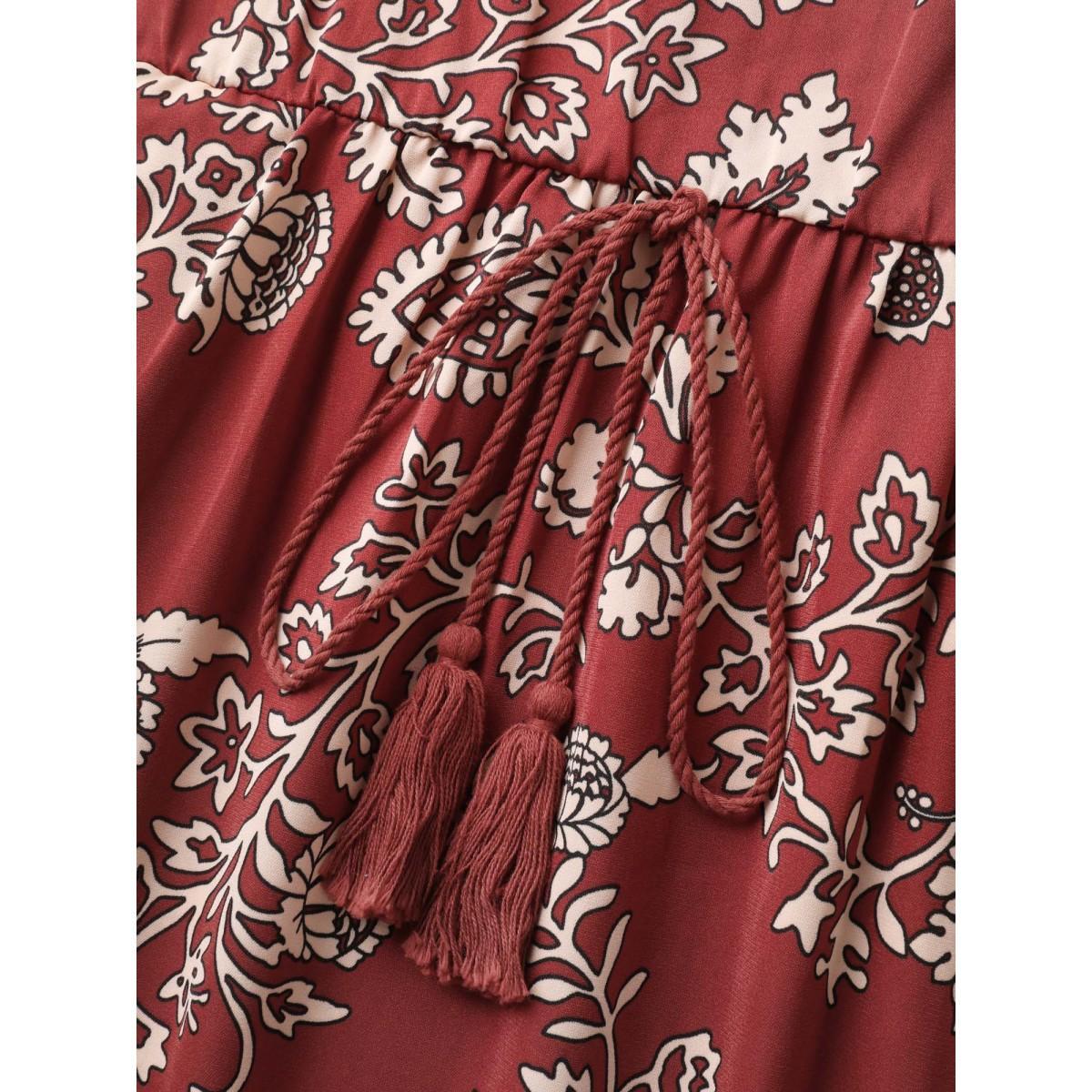 Plus Size Floral Waist-Tie Pockets Midi Dress Rust Women Heart neckline Sleeveless Curvy BloomChic 12/L Product Image