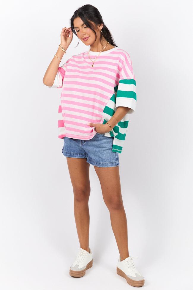 Destined For More Pink and Green Multi Color Block Striped Knit Tee SALE Product Image