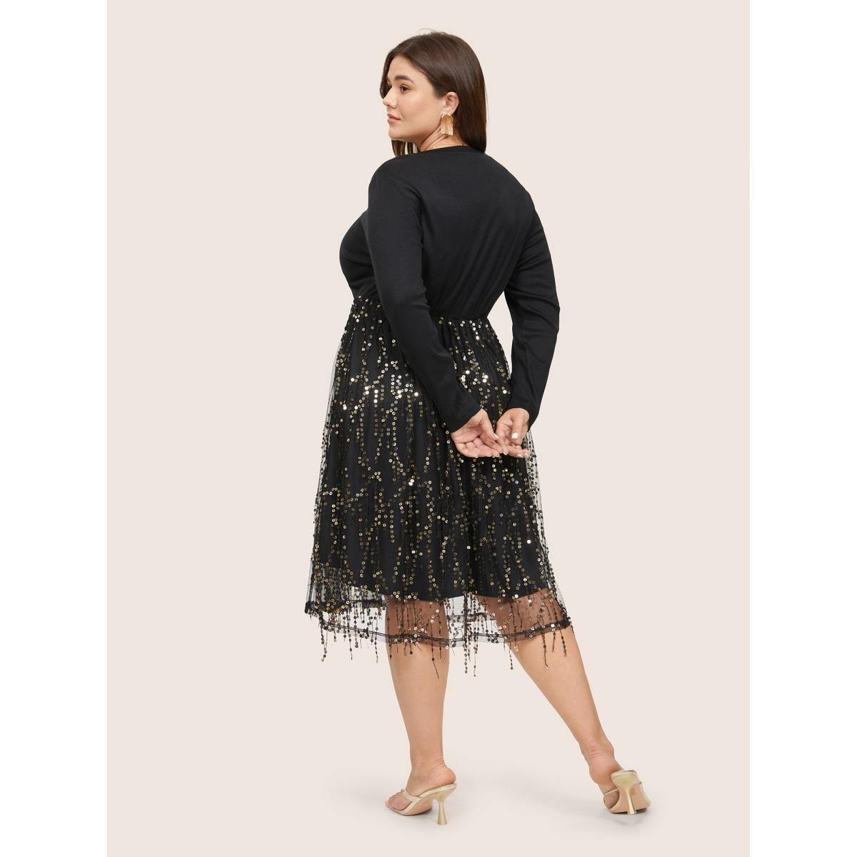 Plus Size Patchwork Sequin Mesh Tassel Trim Dress Black Women Cocktail Sequin V-neck Long Sleeve Curvy Knee Dress BloomChic 28/5X Product Image